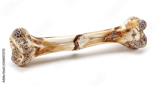A single dog bone with a crack in the middle on a white background.