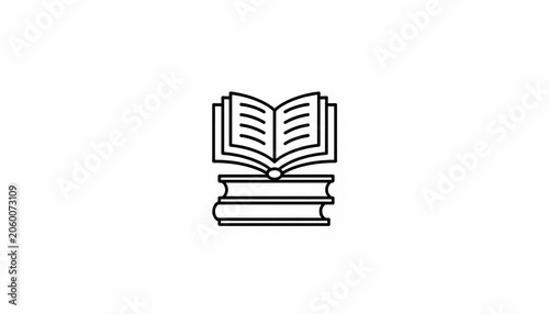 Minimalist line art icon of a stack of books with an open page.