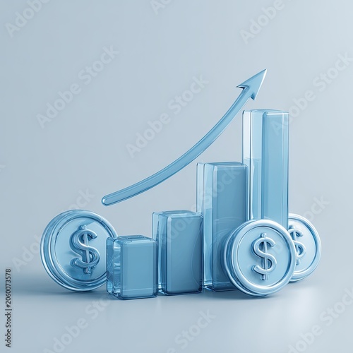 3D Rendering of a Growing Financial Bar Chart with Coins Symbolizing Success.