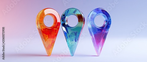 Three translucent glass map pin icons in vibrant gradient colors, representing different locations, on a soft gradient background.