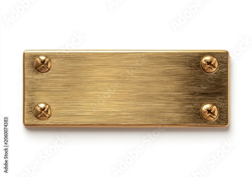 Blank Brass Nameplate with Four Screws on White Background.