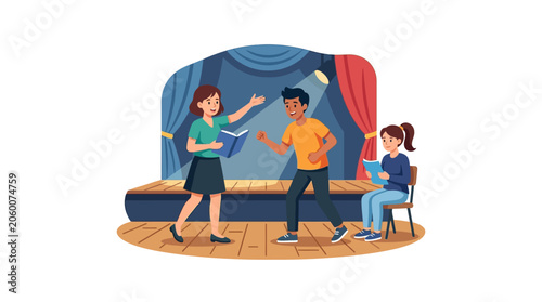 Illustration of friends performing and acting on a theater stage with red curtains