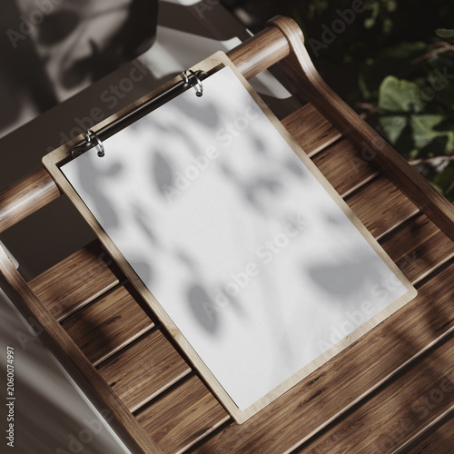 Wooden board menu with ring binder mockup. 3D rendering