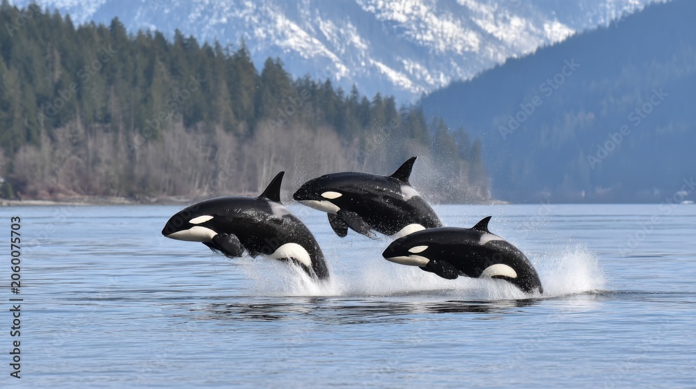 Obraz premium Majestic Orcas Jumping in Crystal Clear Waters of the Coastline