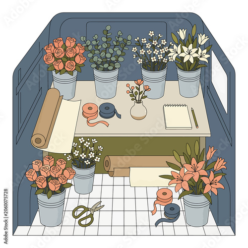 Foto Flowers in pots on worktable indoors.