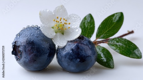 Fresh Blueberries with White Flower and Green Leaves on White Background.