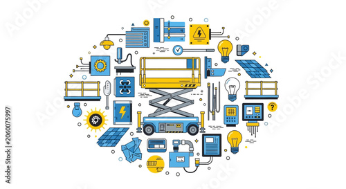 Industrial Maintenance and Construction Concept with Scissor Lift, Solar Panels, and Electrical Engineering Icons