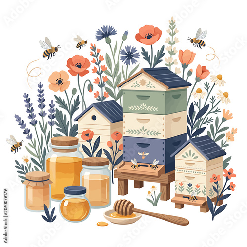 Quadro su tela Honey Bees Collecting Nectar from Flowers.