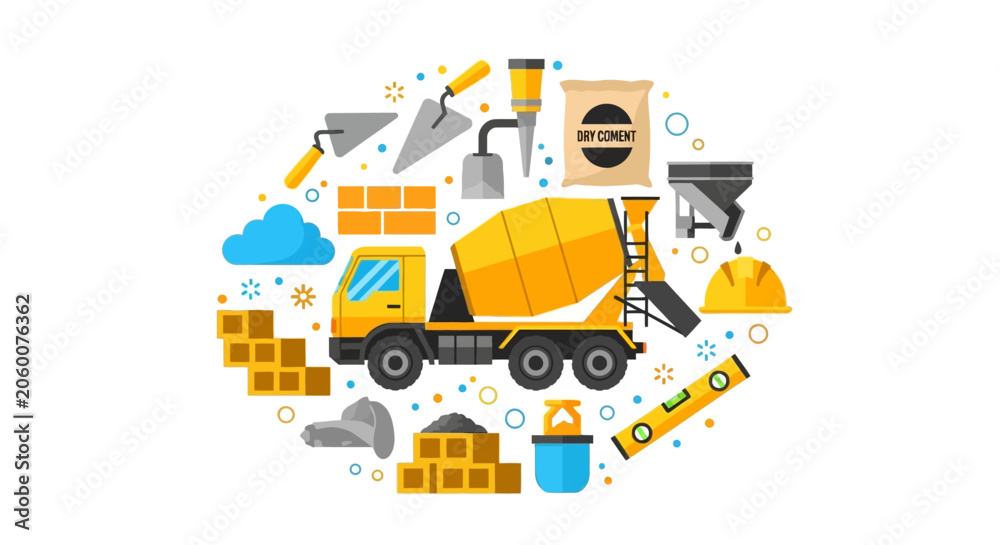 Naklejka premium Construction Site Equipment and Building Materials Flat Vector Illustration Featuring Cement Mixer Truck, Bricks, and Professional Hand Tools