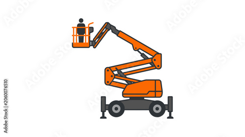 Orange boom lift with operator in basket for elevated construction and maintenance work