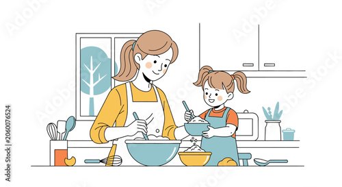 Mother and daughter baking together in a bright kitchen illustration
