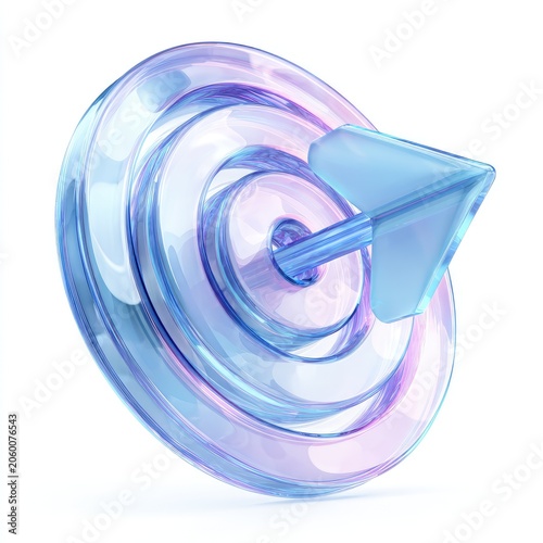 3D Rendering of a Transparent Blue Target with Arrow Hitting the Bullseye.