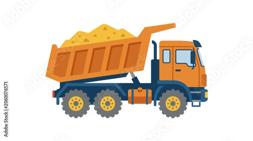 Orange dump truck carrying a load of soil or gravel in a flat vector illustration style