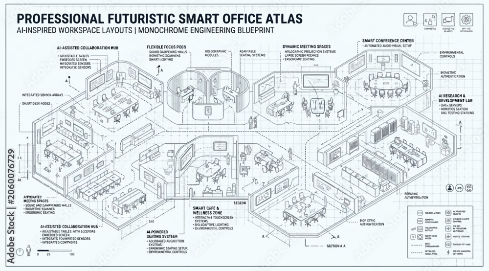 Obraz premium Professional futuristic smart office isometric layout blueprint