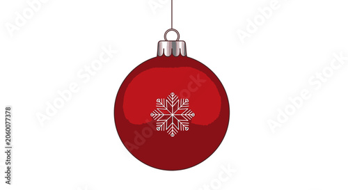 Red glossy christmas bauble ornament with white snowflake design hanging isolated