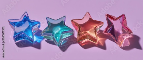 Four iridescent star-shaped objects casting shadows on a pastel purple background.