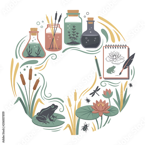 Frog sitting on lily pad surrounded by water plants and bottles.