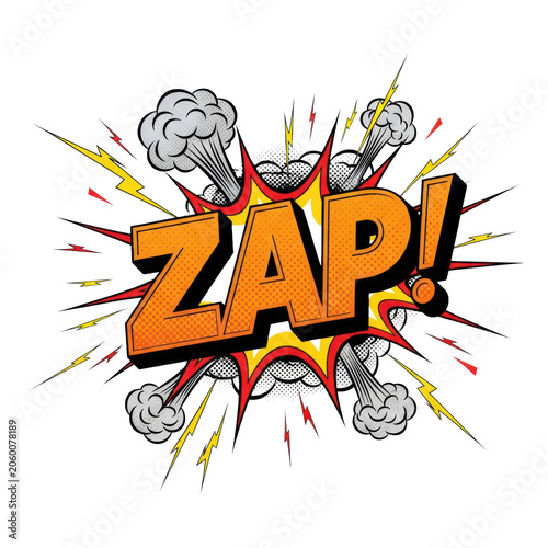 Pop art 2d graphic of 'zap' in stylized orange block letters with speed lines and halftone dots, bursting from a smoke cloud on a transparent background. Iconic comic book energy concept