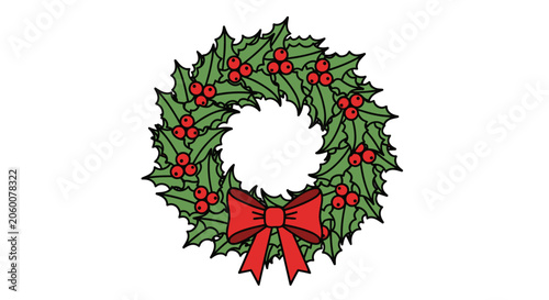 Traditional holiday wreath with green leaves and red berries
