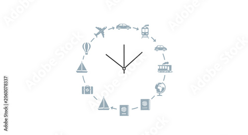 Travel and tourism concept clock with transportation icons