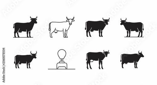 Vector illustration of various cattle and livestock breeds in minimalist silhouette style