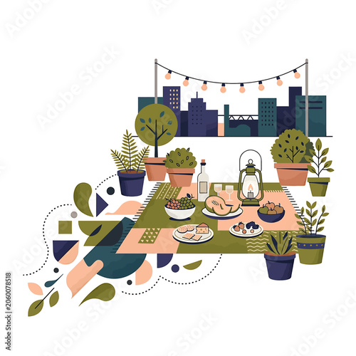 Bild auf Leinwand Outdoor urban rooftop dining table setting.
