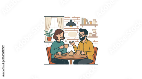 Young couple enjoying beverages together at a cozy indoor cafe table with plants and window in the background