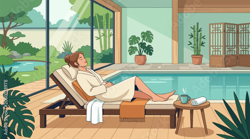 Slika na platnu Man relaxing on lounge chair by indoor pool.