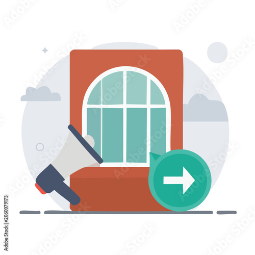 Flat illustration of arch window with hammer and green arrow