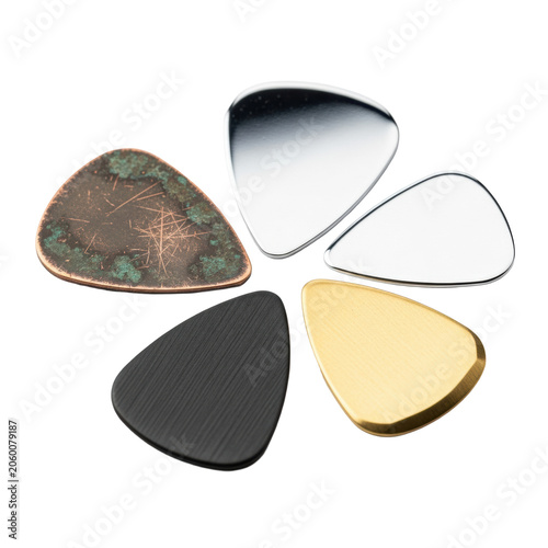 extreme macro photo of four contrasting metal guitar plectrums (tarnished copper, polished chrome, matte black, gold) clustered on a sterile white background. concept for musical accessory advertising