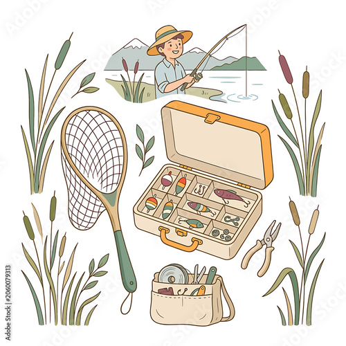 Fishing Tackle Box and Angler Gear.