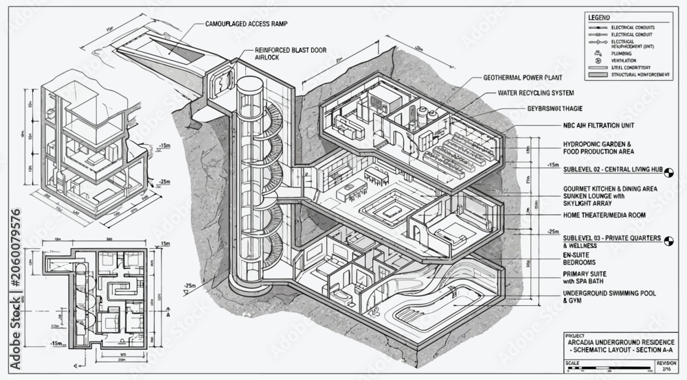 Obraz premium Technical architectural crosssection of a multilevel underground bunker facility with geothermal power and living quarters
