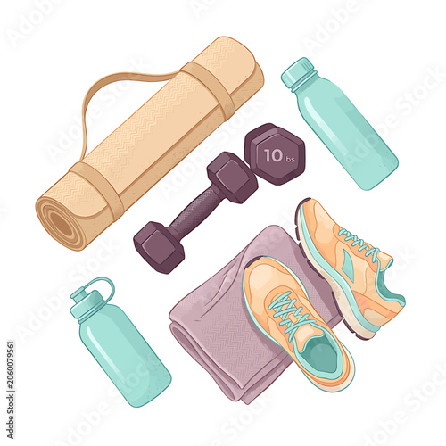 Fitness equipment and workout accessories laid out 1.