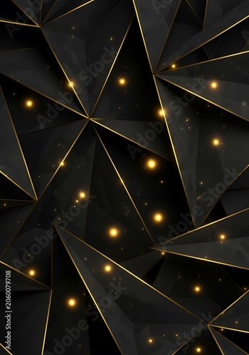 Abstract Luxury Black and Gold Geometric 3D Triangle Background with Glowing Lights