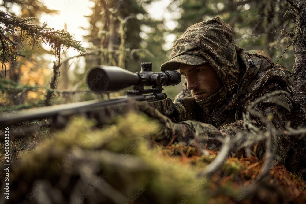 Fototapeta premium Concentrated hunter in camo gazes the horizon through a rifle scope at dawn