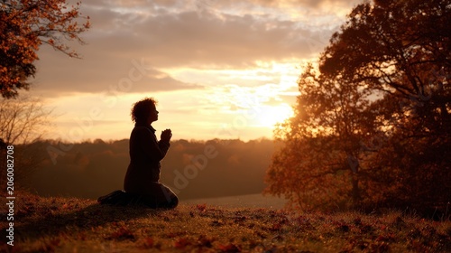 Contemplative moment: humble woman kneels in prayer at golden autumn light