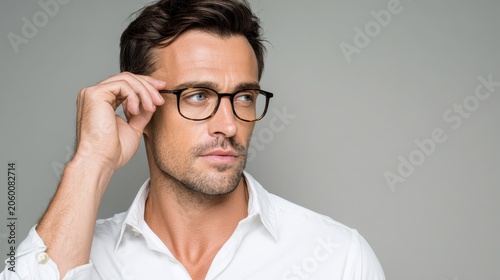 Contemplative male portrait with modern eyewear against a neutral gray backdrop