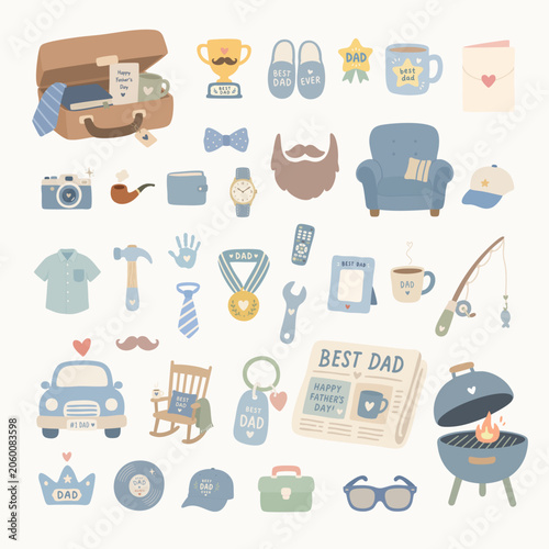 Cute pastel Father’s Day clipart set with dad gifts, trophy, mug, tools, barbecue, fishing rod and greeting items