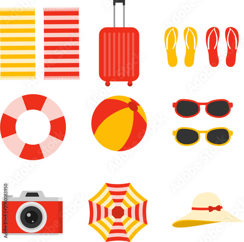 Summer beach vacation vector flat icons set with red suitcase sunglasses camera and towel elements