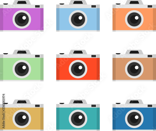 Photo camera vector flat icons set with nine colorful retro photography devices for design