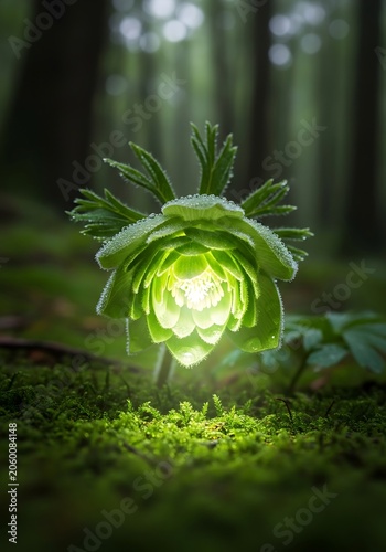 Magical Glowing Green Flower with Dew Drops in Enchanted Forest