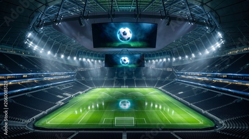 Modern illuminated soccer stadium from a high angle view at night with bright floodlights and green grass field digital render