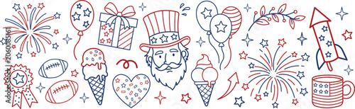 Foto American 4th of july independence day doodle set with ice cream fireworks balloo