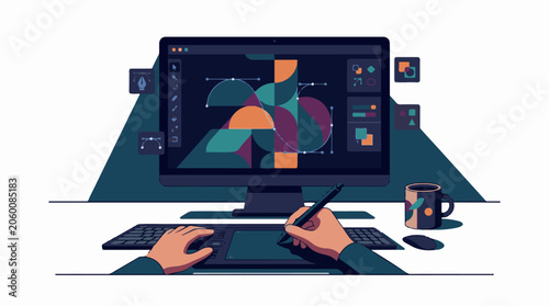 A person designs on a computer with a graphics tablet and colorful shapes on screen