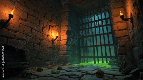Dark medieval dungeon prison cell in cartoon game art with stone walls, heavy iron bars, torches and eerie green gas