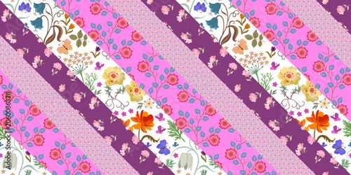 Patchwork seamless pattern from diagonal stripes with flowers and polka dot o...