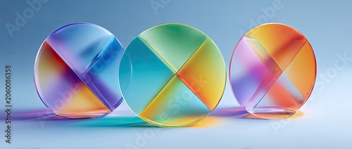Three colorful glass spheres with abstract patterns and reflections on a blue background.