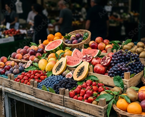 Vibrant Display of Assorted Fresh Organic Fruits at an Outdoor Market