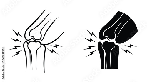 Schilderij op canvas Knee joint pain icons featuring outline and silhouette styles for arthritis, injury, orthopedic treatment, physiotherapy, rehabilitation, and healthcare concepts