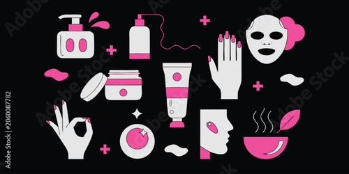 Skincare and beauty routine icons set for cosmetic branding and wellness industry.